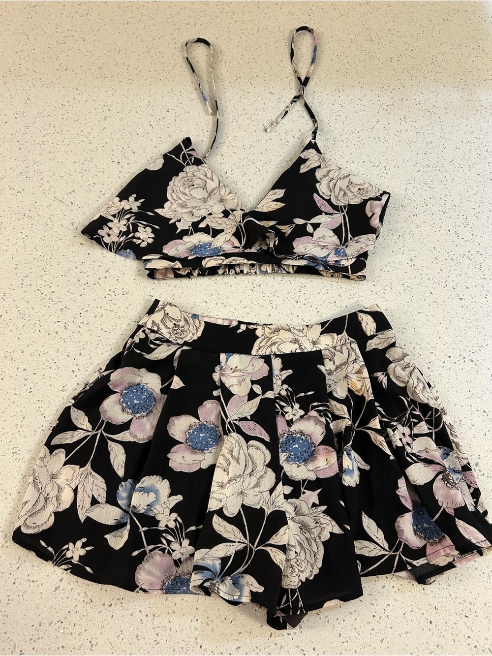 Floral Two-Piece Crop Top & Shorts Set - Black with Pastel Flowers